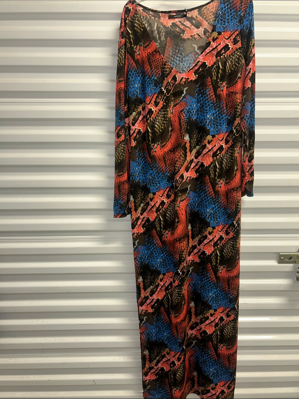 Vertigo Long Sleeve Maxi Dress in Blue, Red and Black Abstract Print ST3